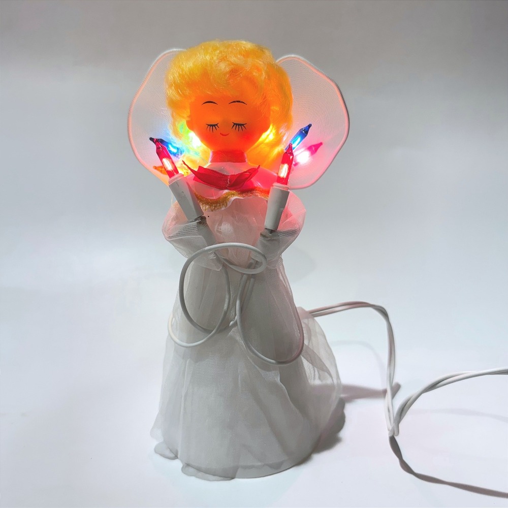 Vintage DECOR Lighted Angel Christmas Tree Topper Blonde White Gown 8" Works
